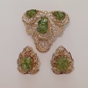 Art Deco gold toned and green triangle filigree brooch and earrings vintage